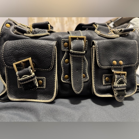 Vintage Danier Genuine Leather Black Pebbled Satchel Bag –Contrast Stitching Y2K - Picture 6 of 9